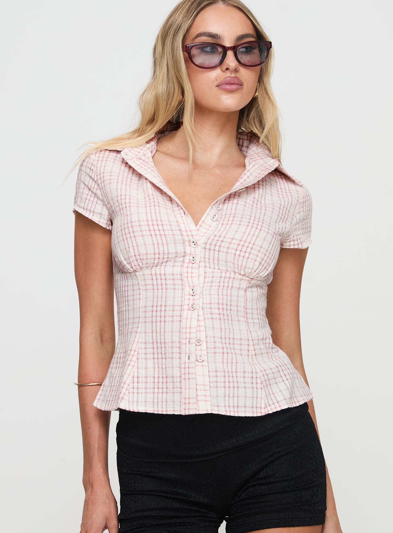 Cottesloe Blouse Top Pink Check - women's top by Ellevoria - view 2