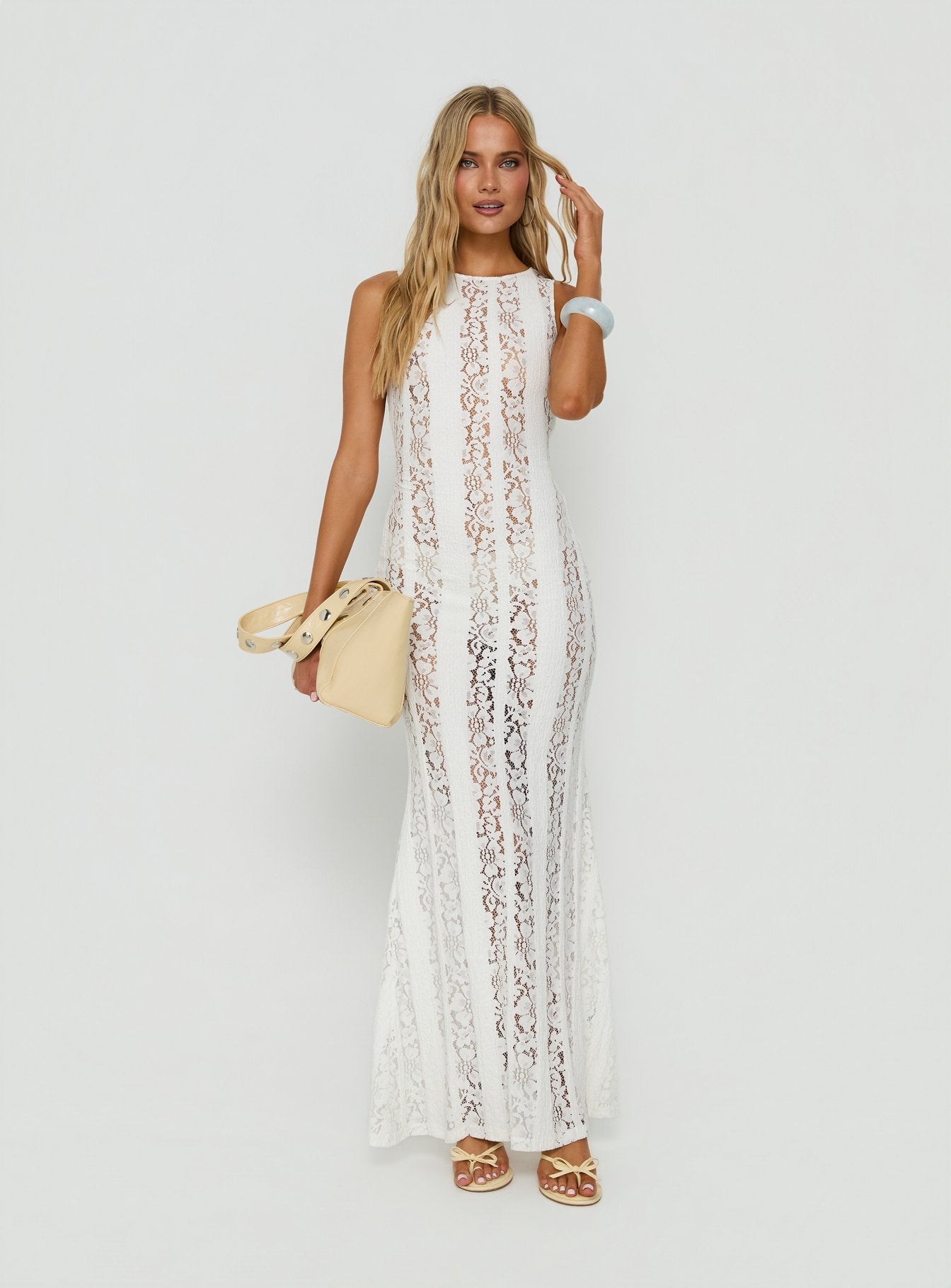 Laurenza Sheer Lace Maxi Dress Off White - women's maxi dress by Ellevoria - view 2