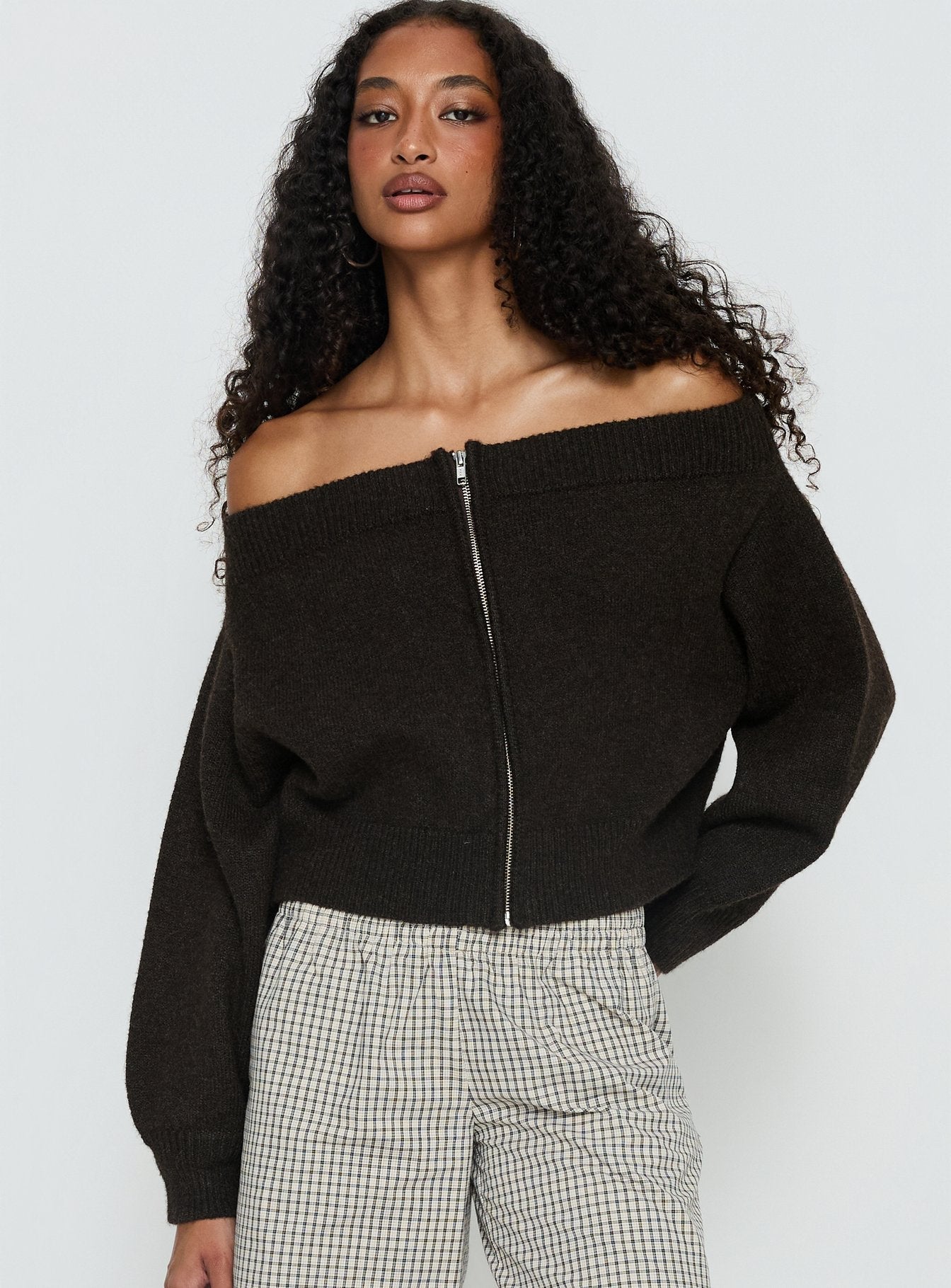 Ortensa Off Shoulder Zip Through Jumper Brown women's sweater by Ellevoria