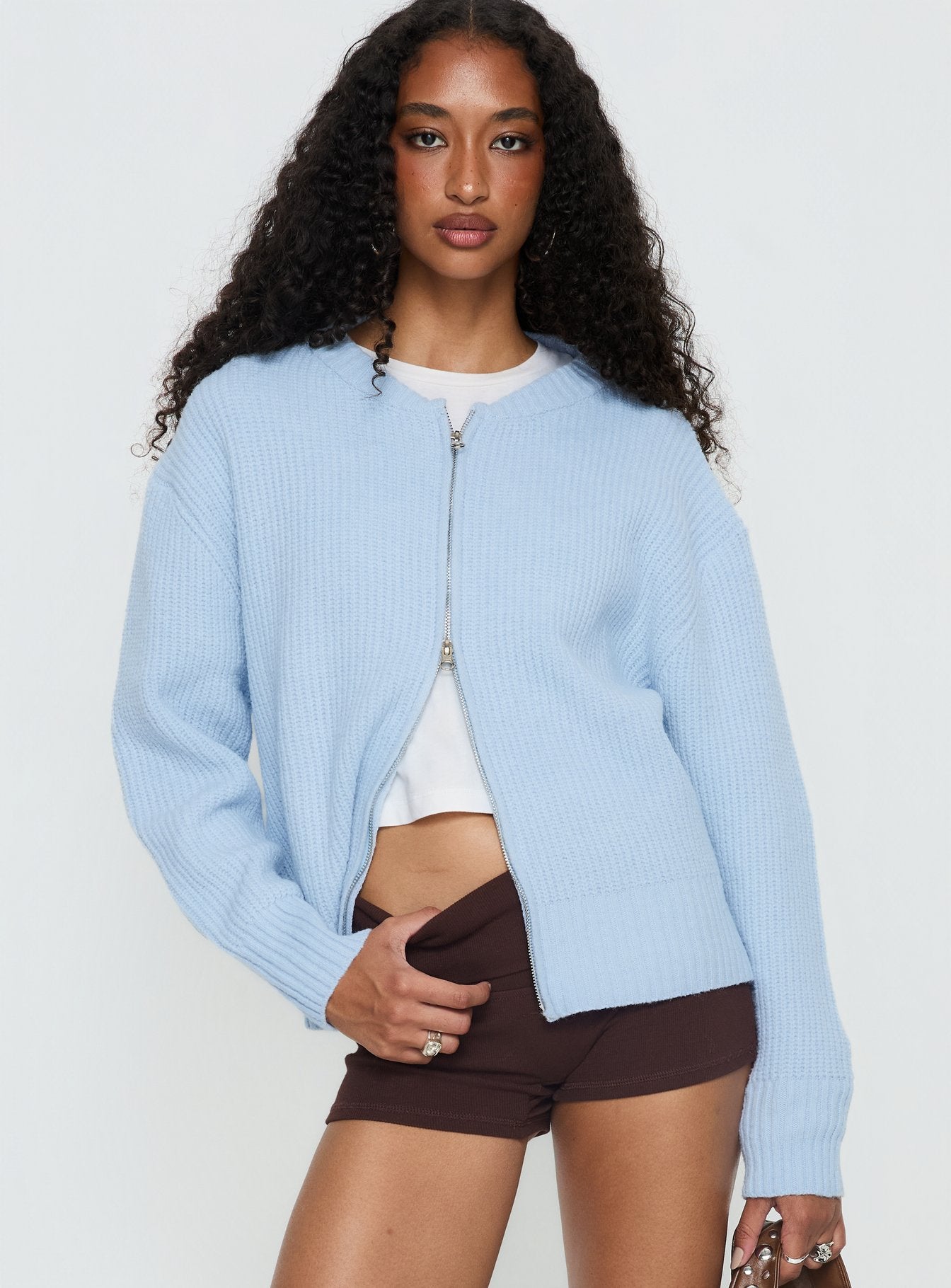 Lexene Zip Through Jumper Baby Blue women's sweater by Ellevoria