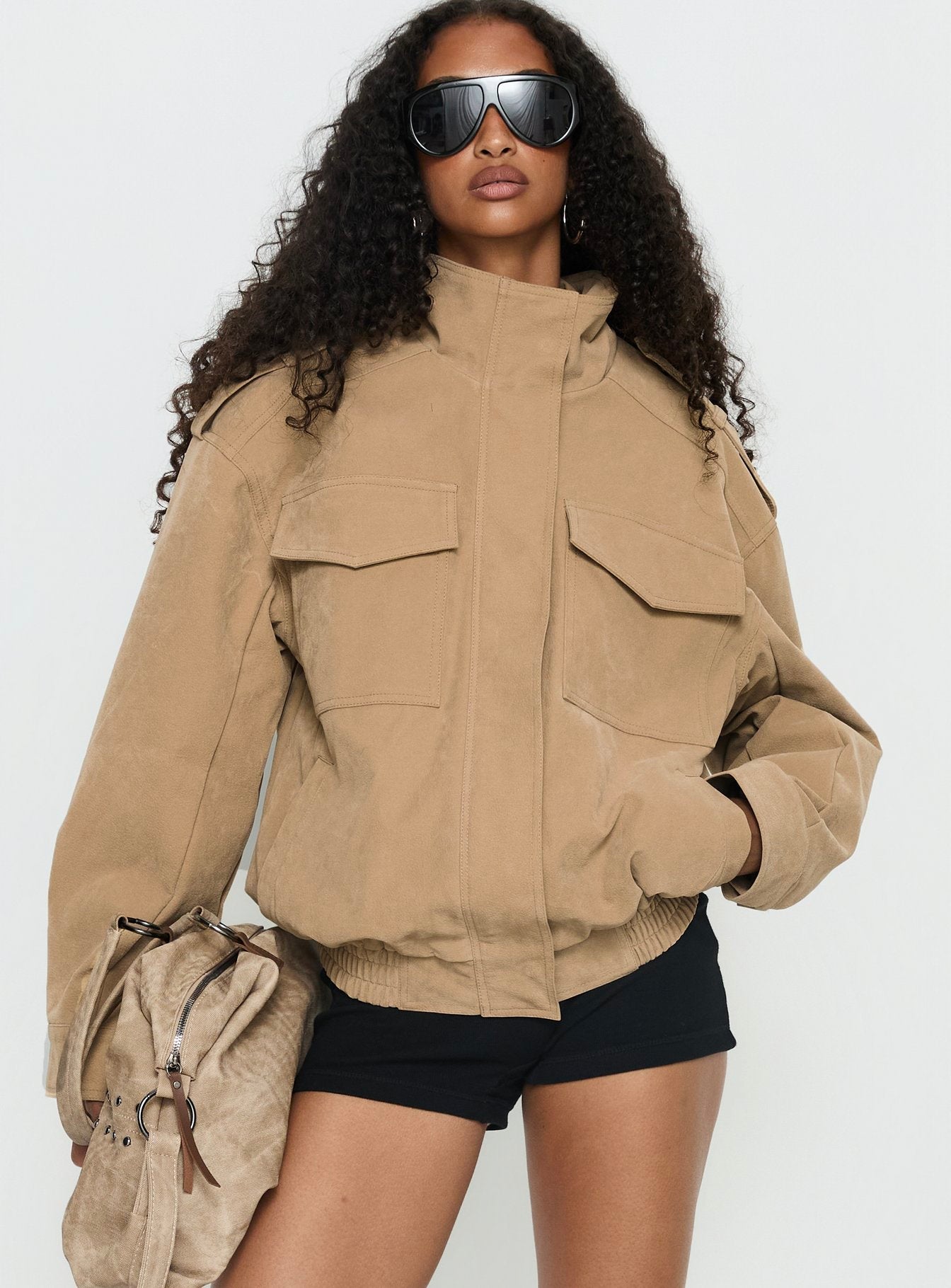 Double Life Funnel Neck Cargo Jacket Beige women's jacket by Ellevoria