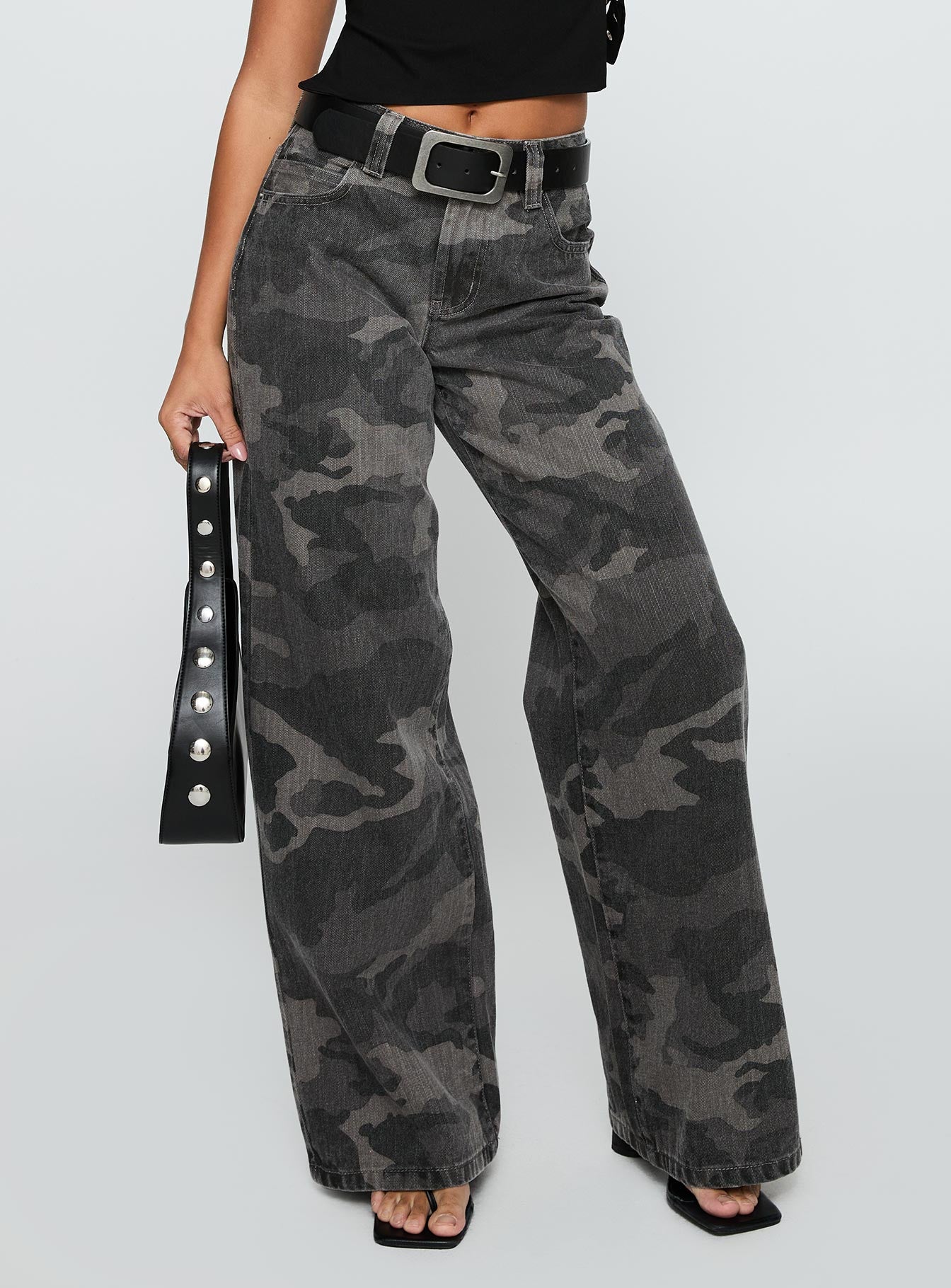Big Talk Mid Rise Straight Leg Jeans Grey Washed Camo women's denim jeans by Ellevoria
