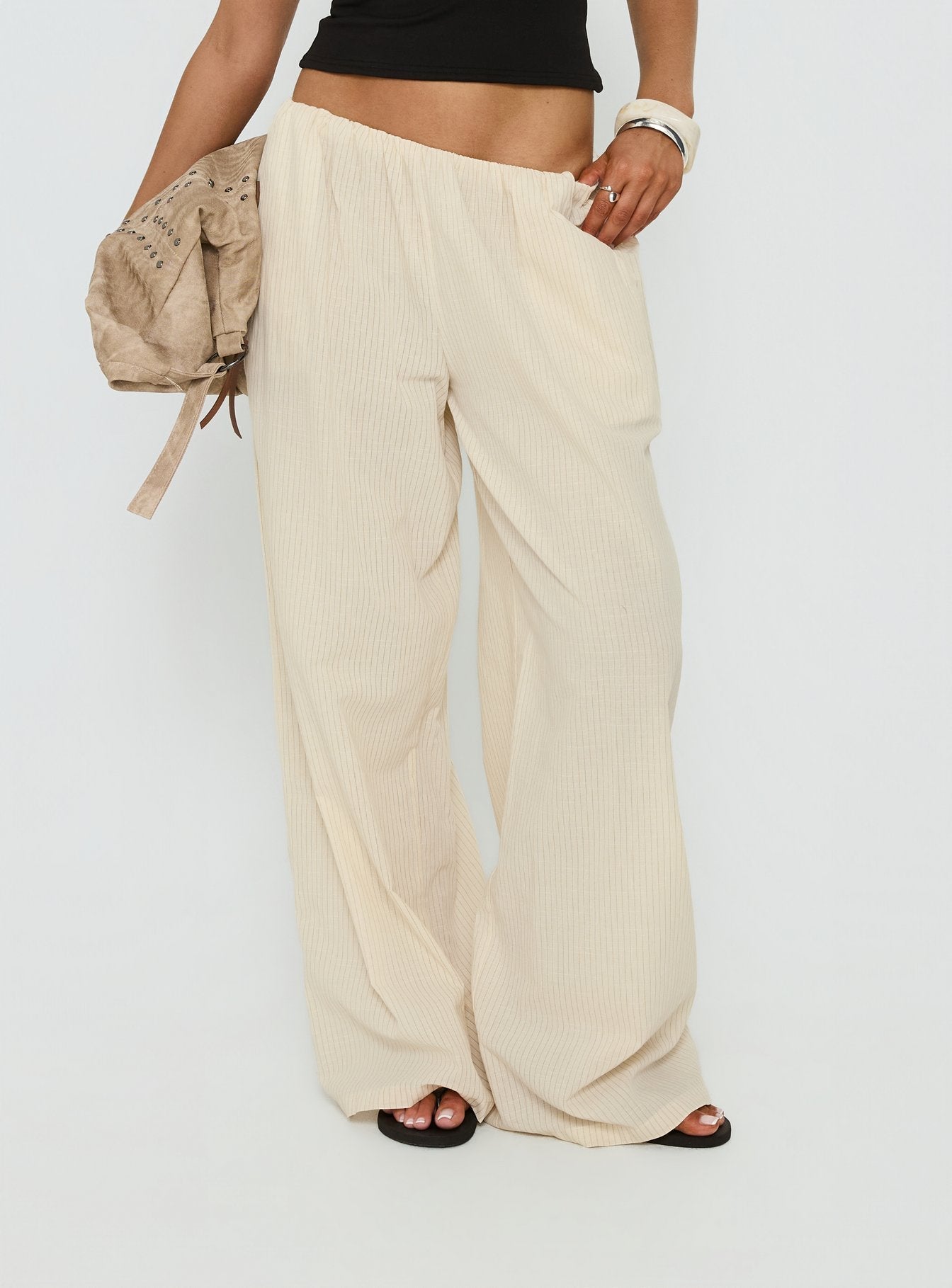 Lunea Concealed Waistband Pants Beige Stripe - loose fit women's bottoms by Ellevoria