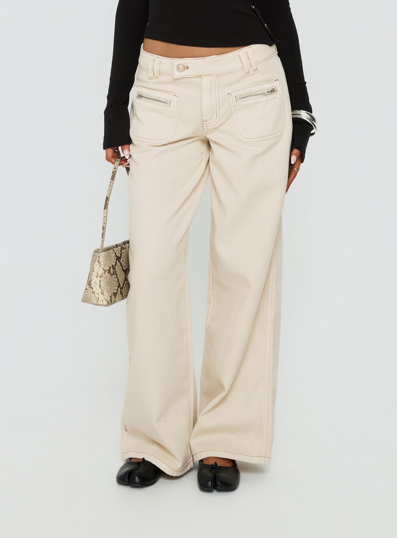 Lifetimes Mid Rise Wide Leg Cargo Jeans Cream women's denim jeans by Ellevoria
