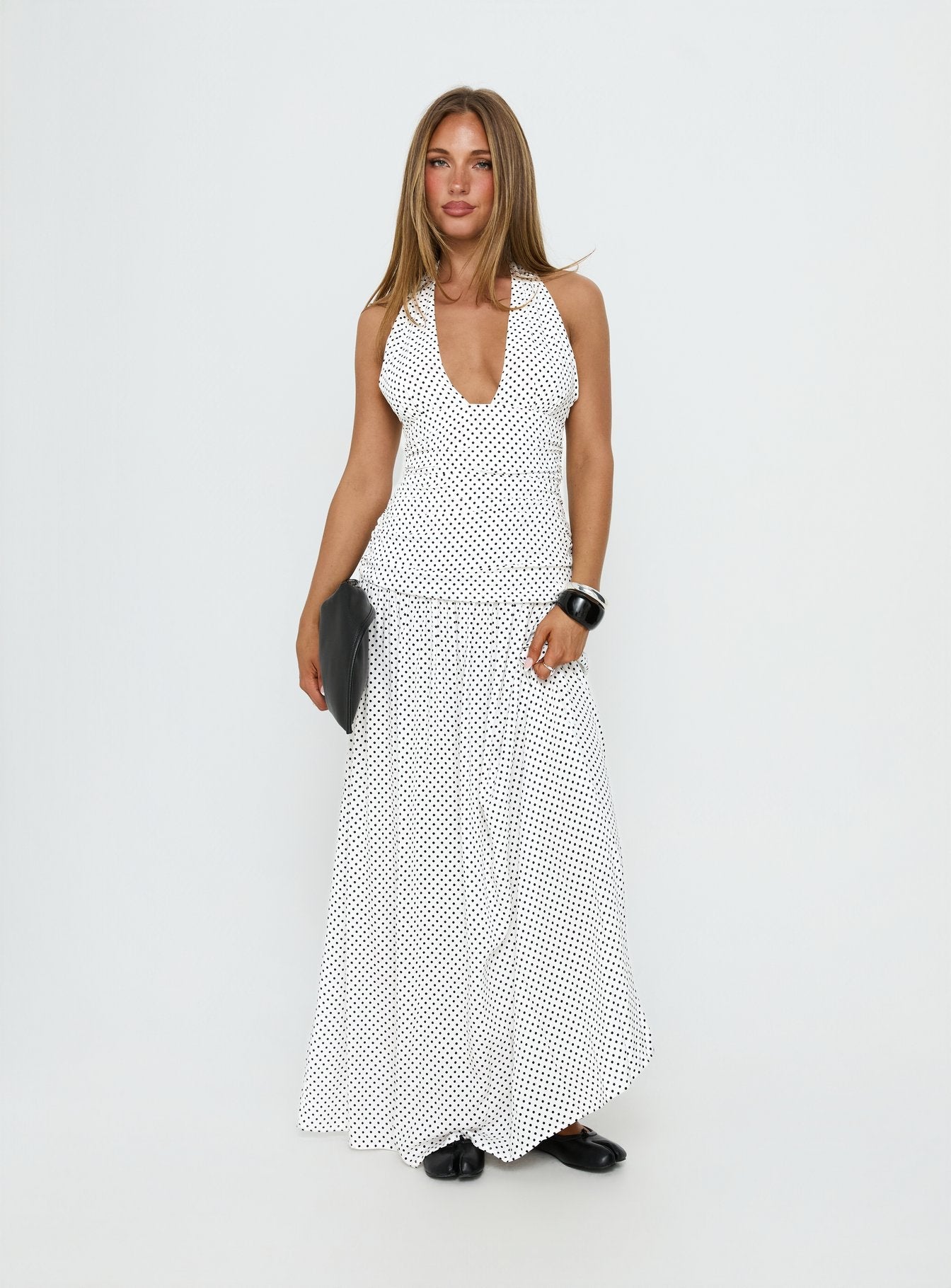Millen Gathered Waist Halter Maxi Dress White Polka Dot - women's maxi dress by Ellevoria - view 2