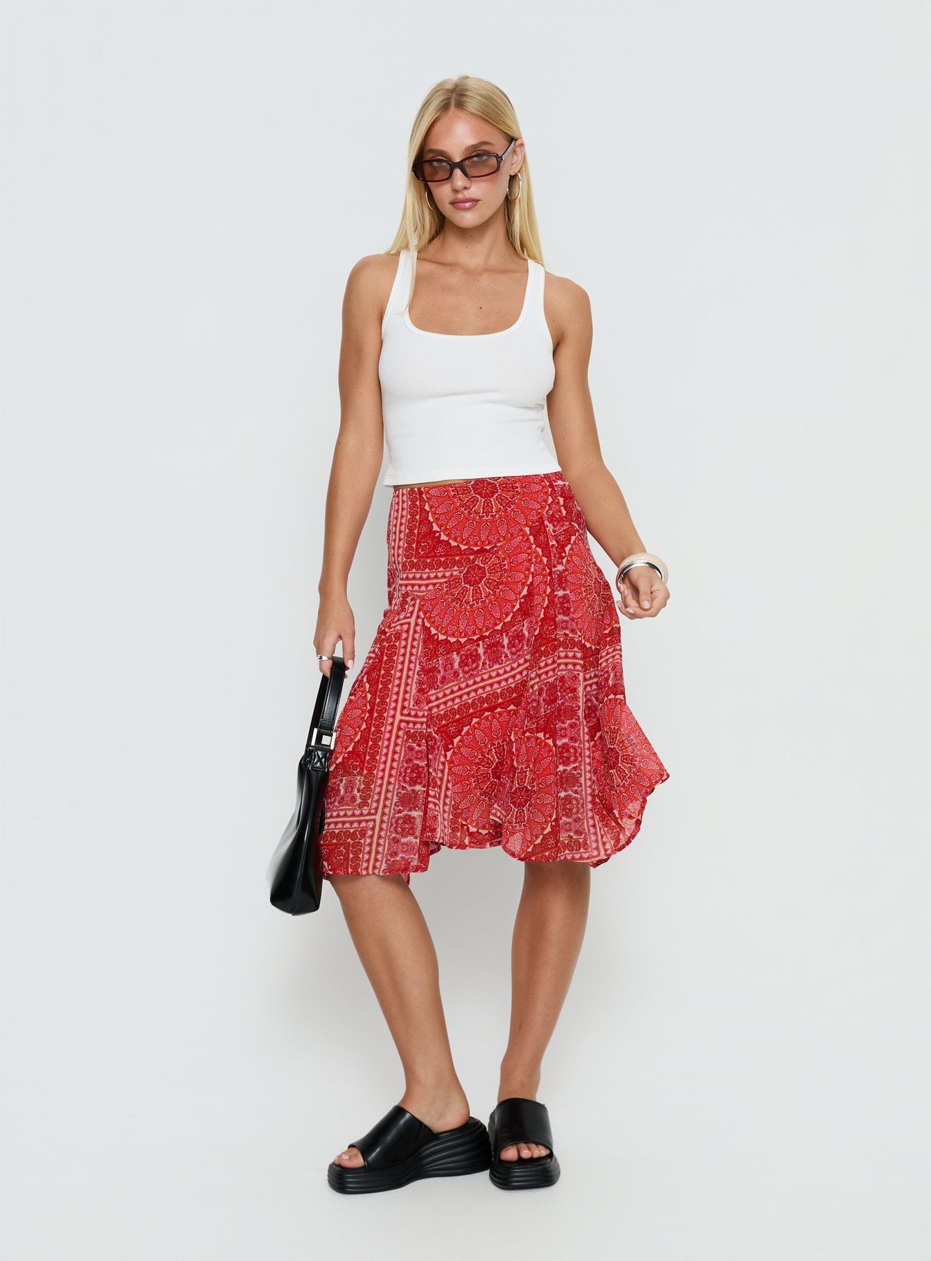 Raenah Asymmetrical Midi Skirt Red Paisley women's skirt by Ellevoria