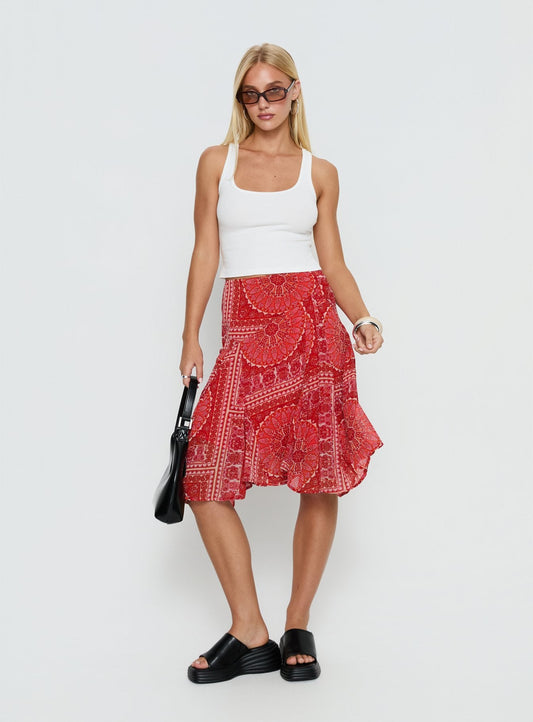 Raenah Asymmetrical Midi Skirt Red Paisley women's skirt by Ellevoria