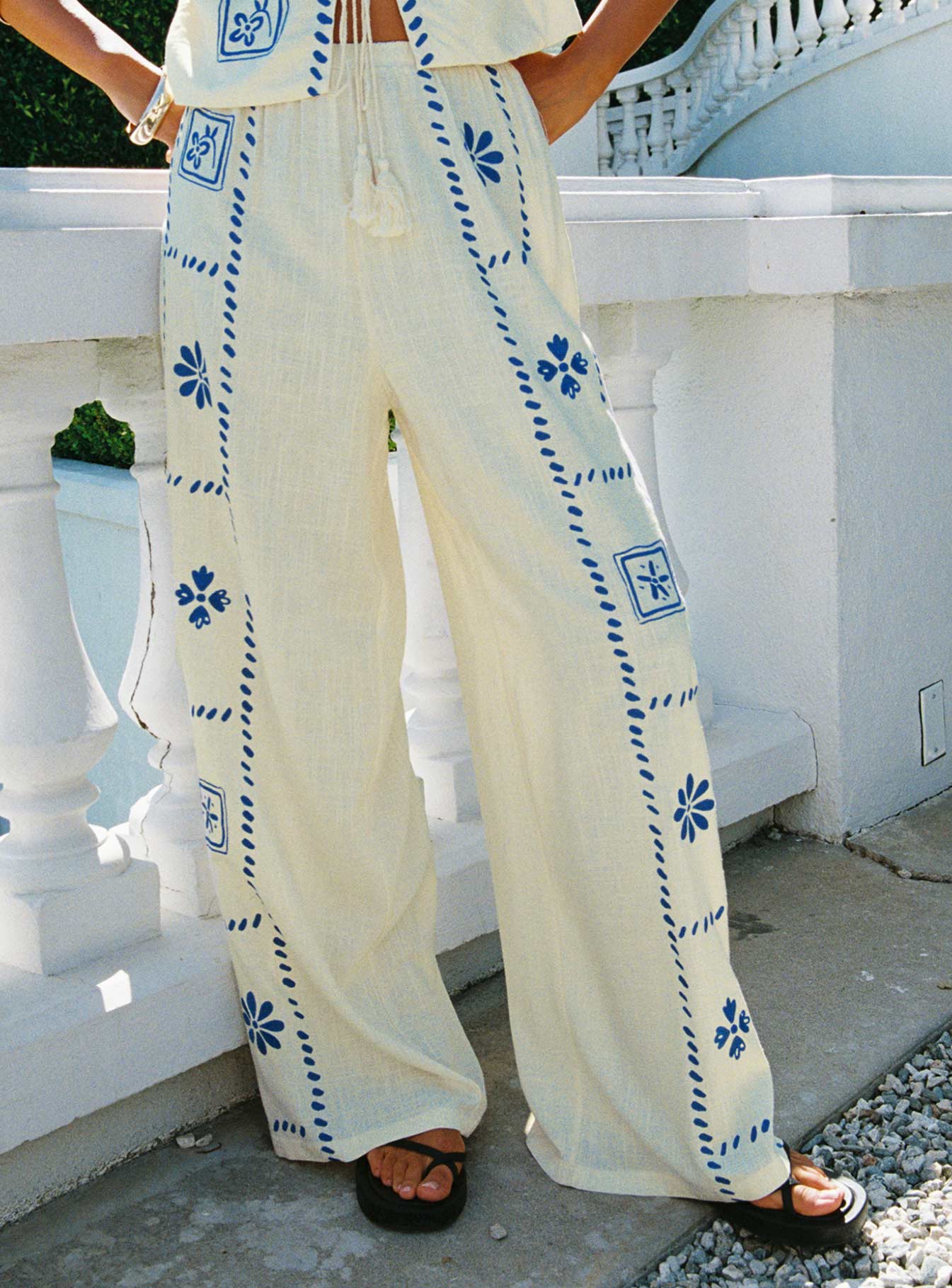 Grazia Pants Cream / Blue women's pant set by Ellevoria