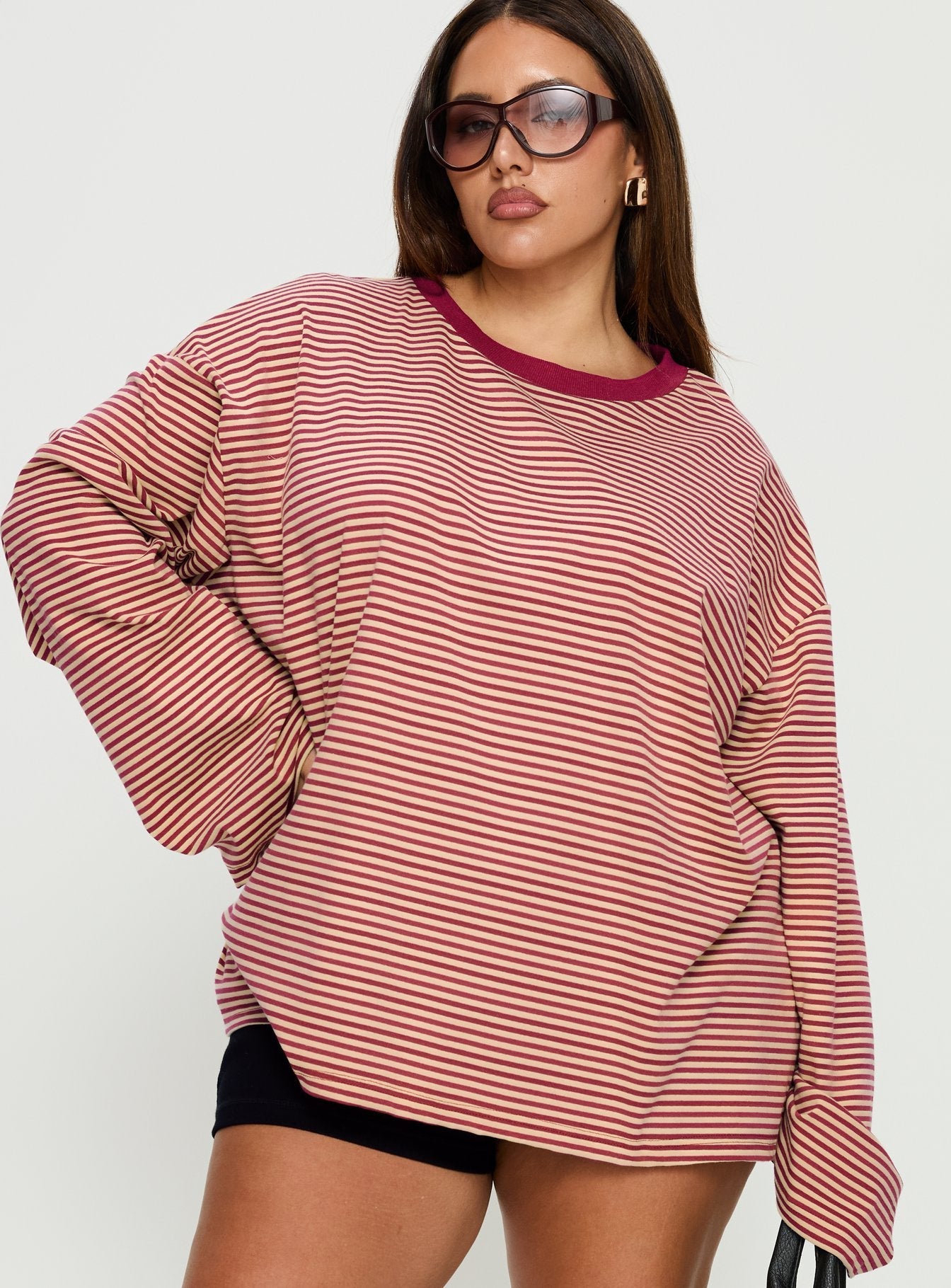 Settle Down Long Sleeve Top Lemon / Burgundy Stripe Curve women's matching set by Ellevoria