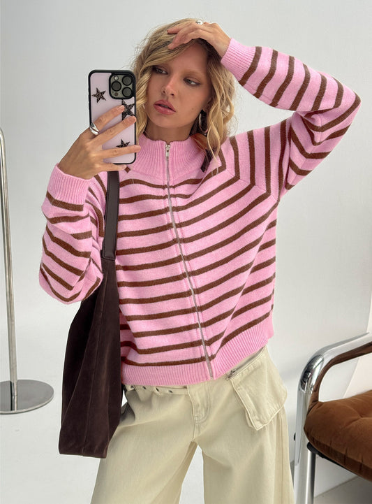 Kaylei Zip Through Cardigan Pink Stripe women's sweater by Ellevoria