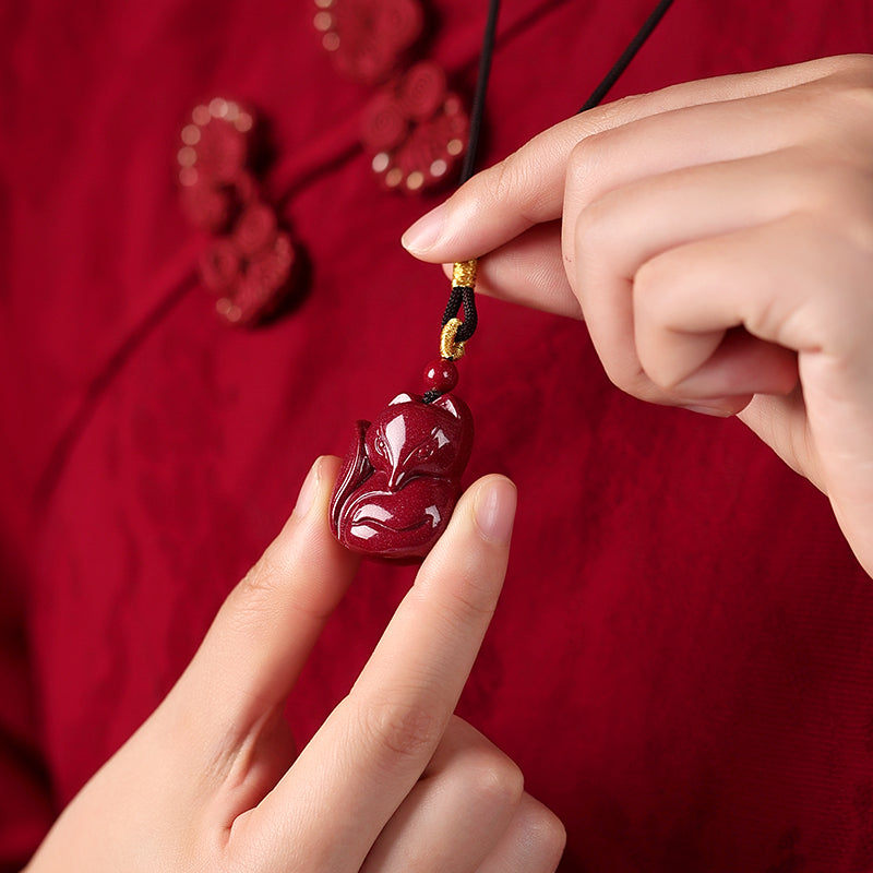 Cinnabar Nine-Tailed Fox Pendant Necklace