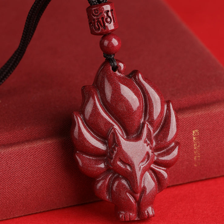 Cinnabar Nine-Tailed Fox Pendant Necklace