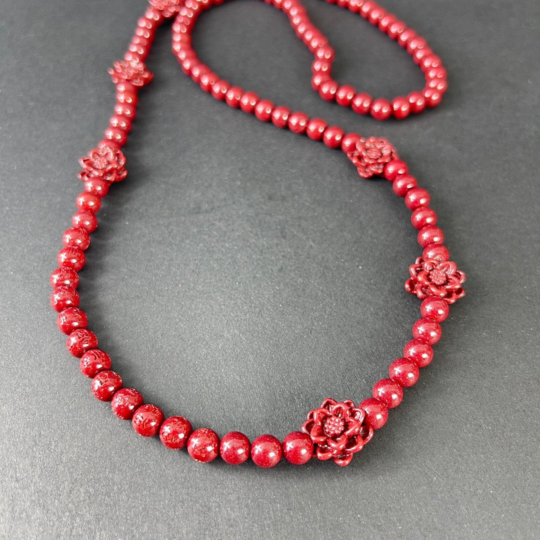 108 Beads Cinnabar Necklace with 6 Lotus Accents
