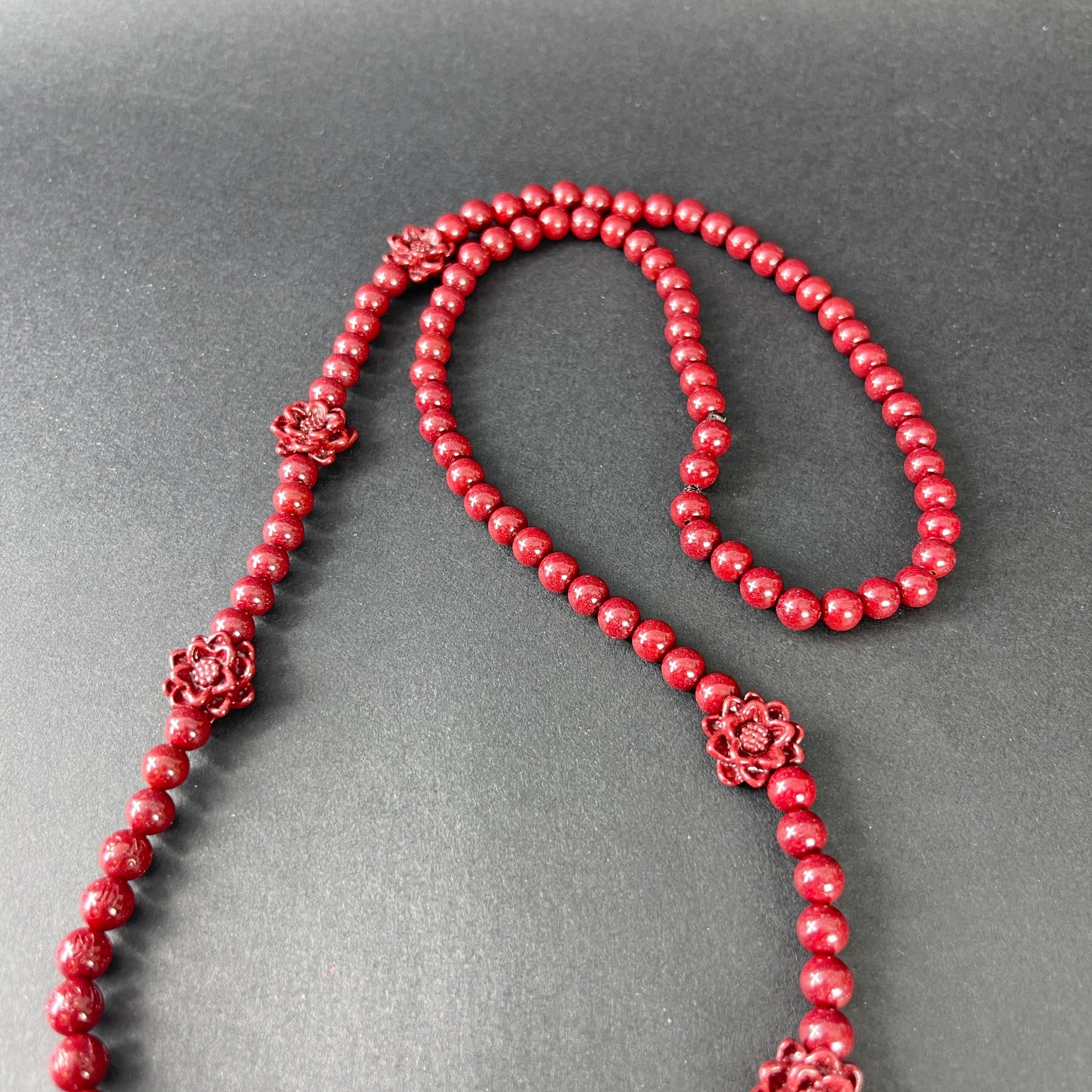 108 Beads Cinnabar Necklace with 6 Lotus Accents