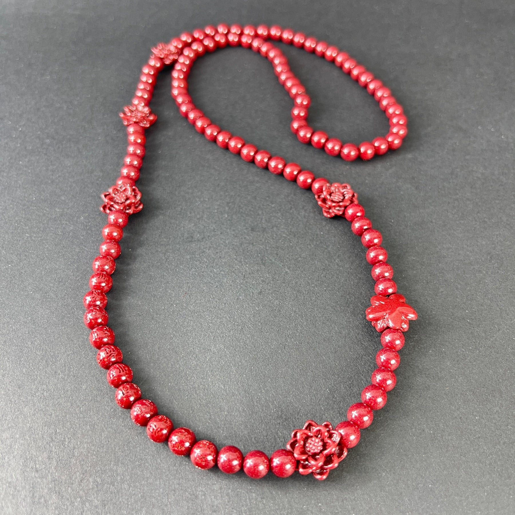 108 Beads Cinnabar Necklace with 6 Lotus Accents