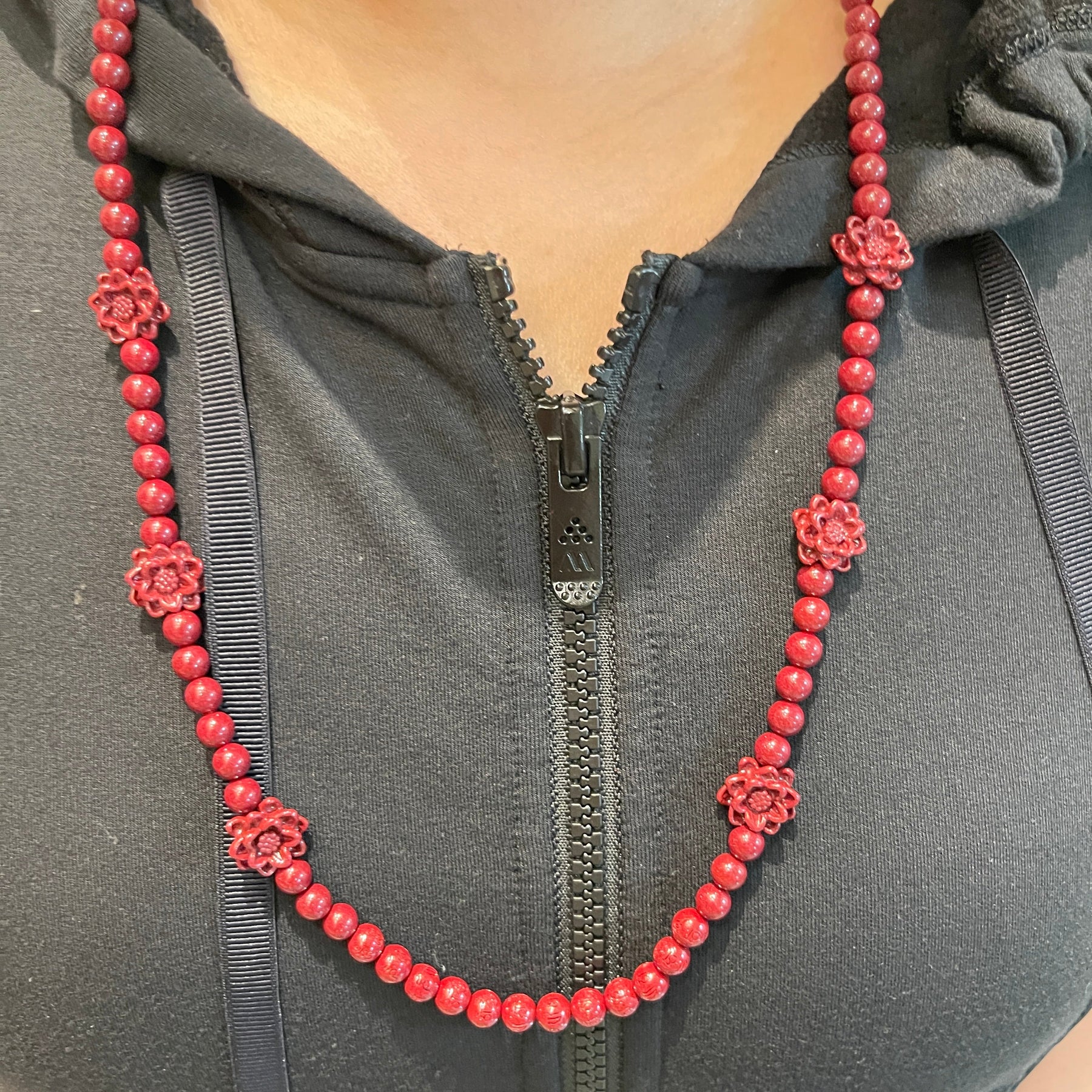 108 Beads Cinnabar Necklace with 6 Lotus Accents