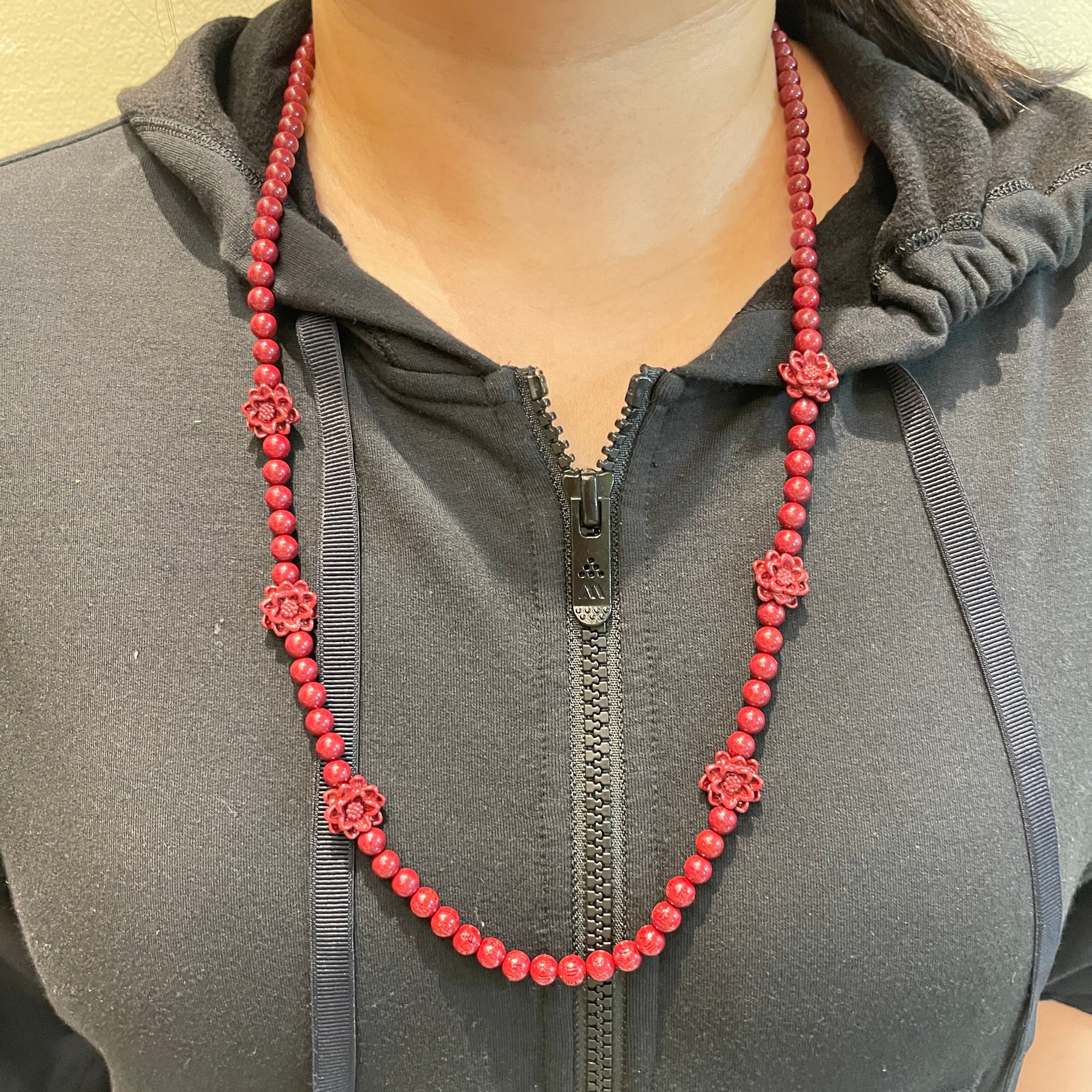 108 Beads Cinnabar Necklace with 6 Lotus Accents
