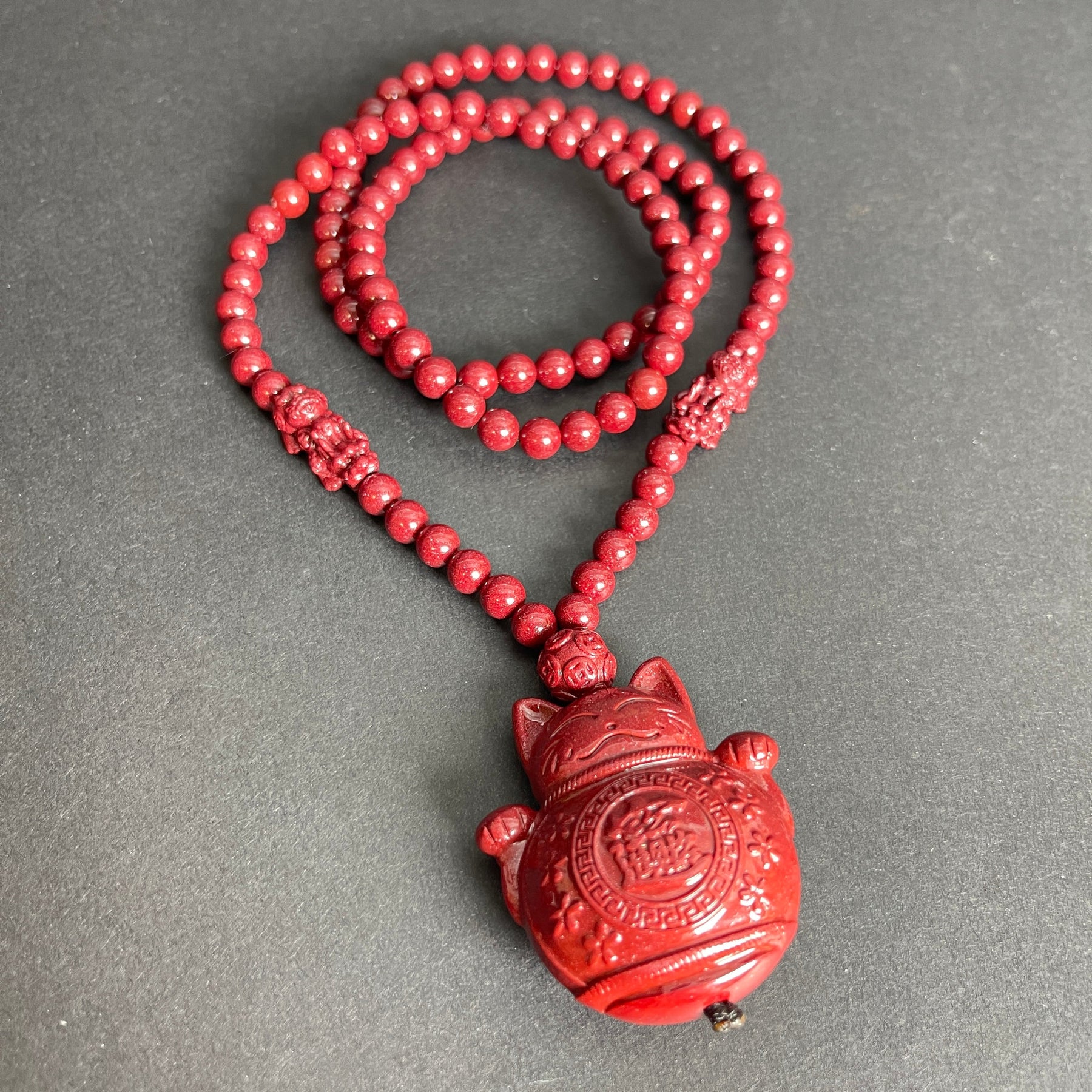 108 Beads Cinnabar Necklace with Maneki Neko Pendant