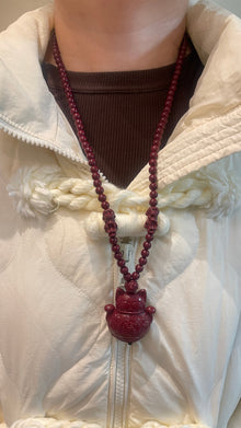 108 Beads Cinnabar Necklace with Maneki Neko Pendant