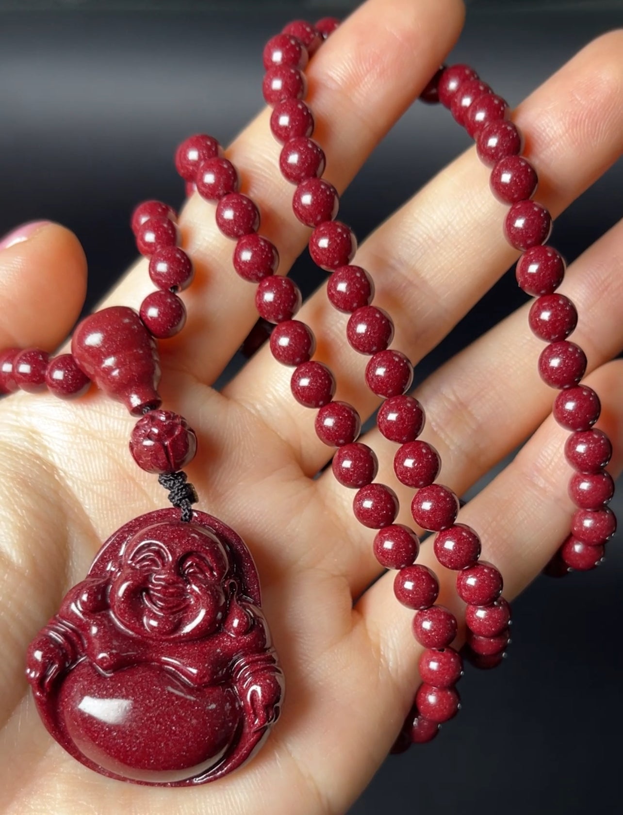 108 Cinnabar Mala Rosary Necklace with Laughing Buddha