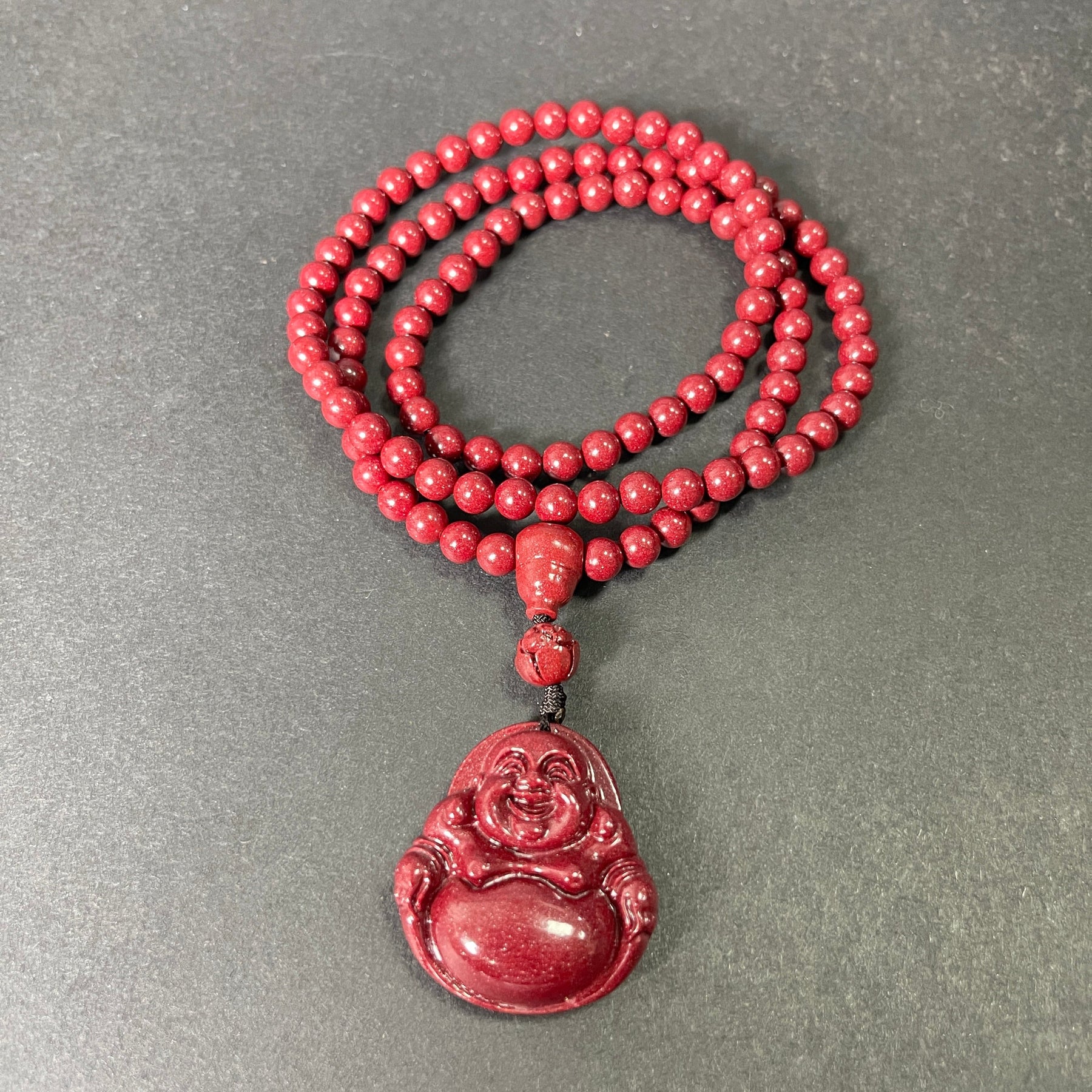 108 Cinnabar Mala Rosary Necklace with Laughing Buddha