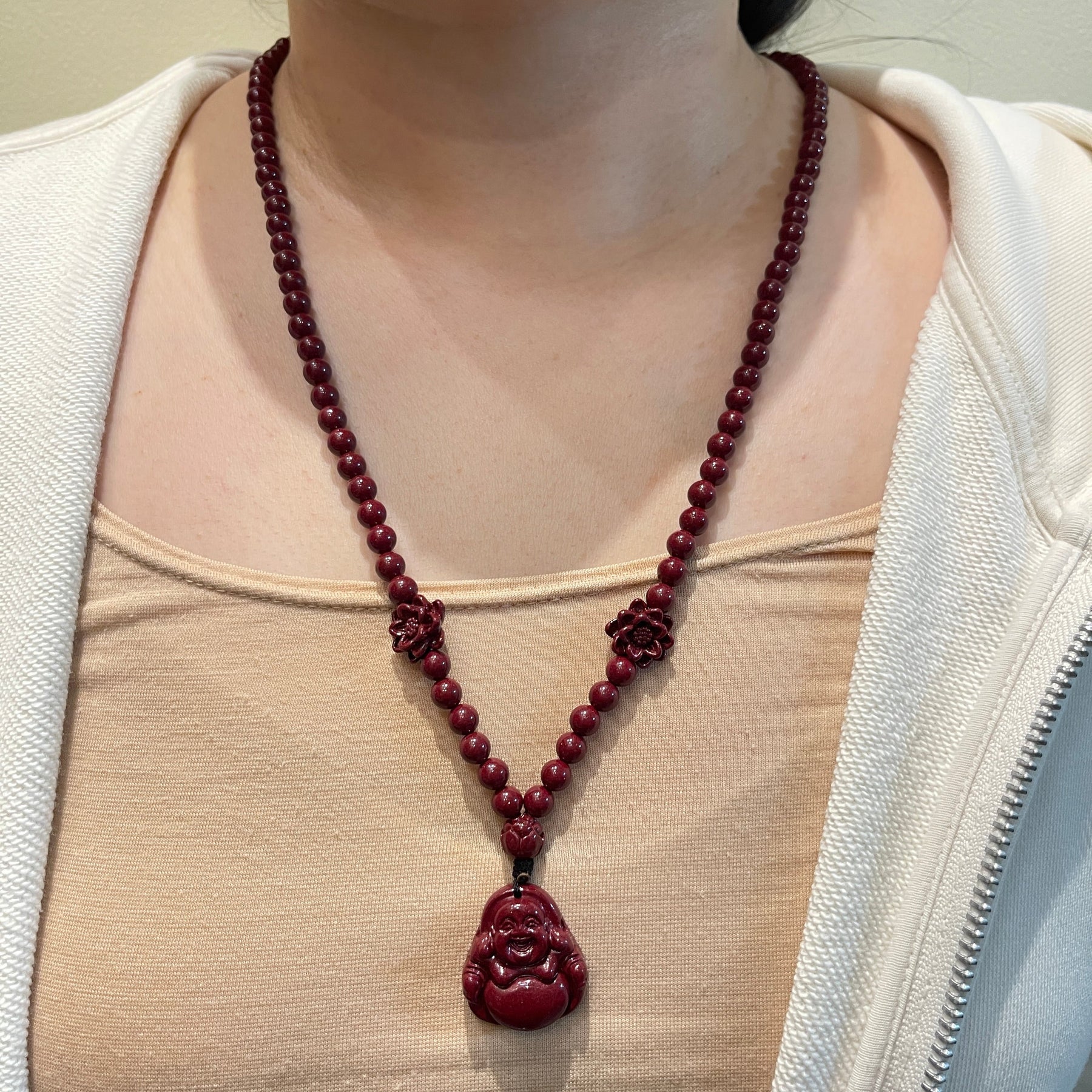 108 Cinnabar Mala Rosary Necklace with Laughing Buddha