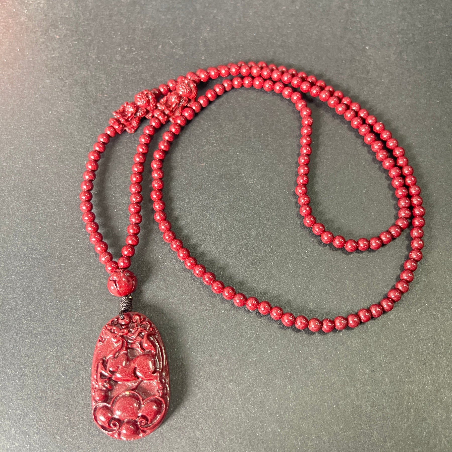 108 Cinnabar Mala Rosary with Guardian Animal Pendant