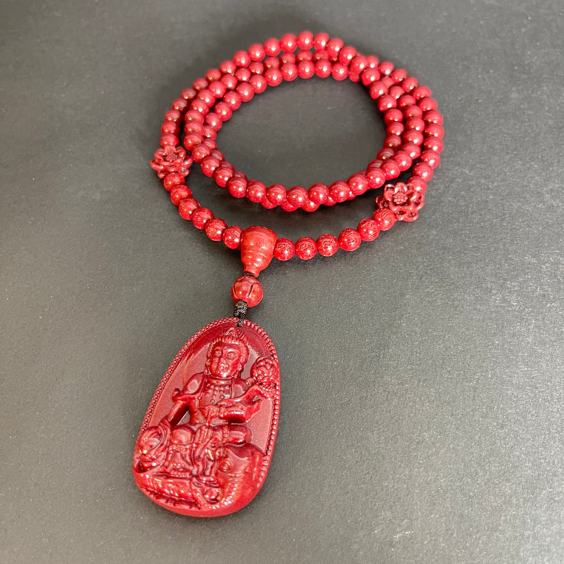 108 Cinnabar Mala Rosary Necklace with Guardian Buddha