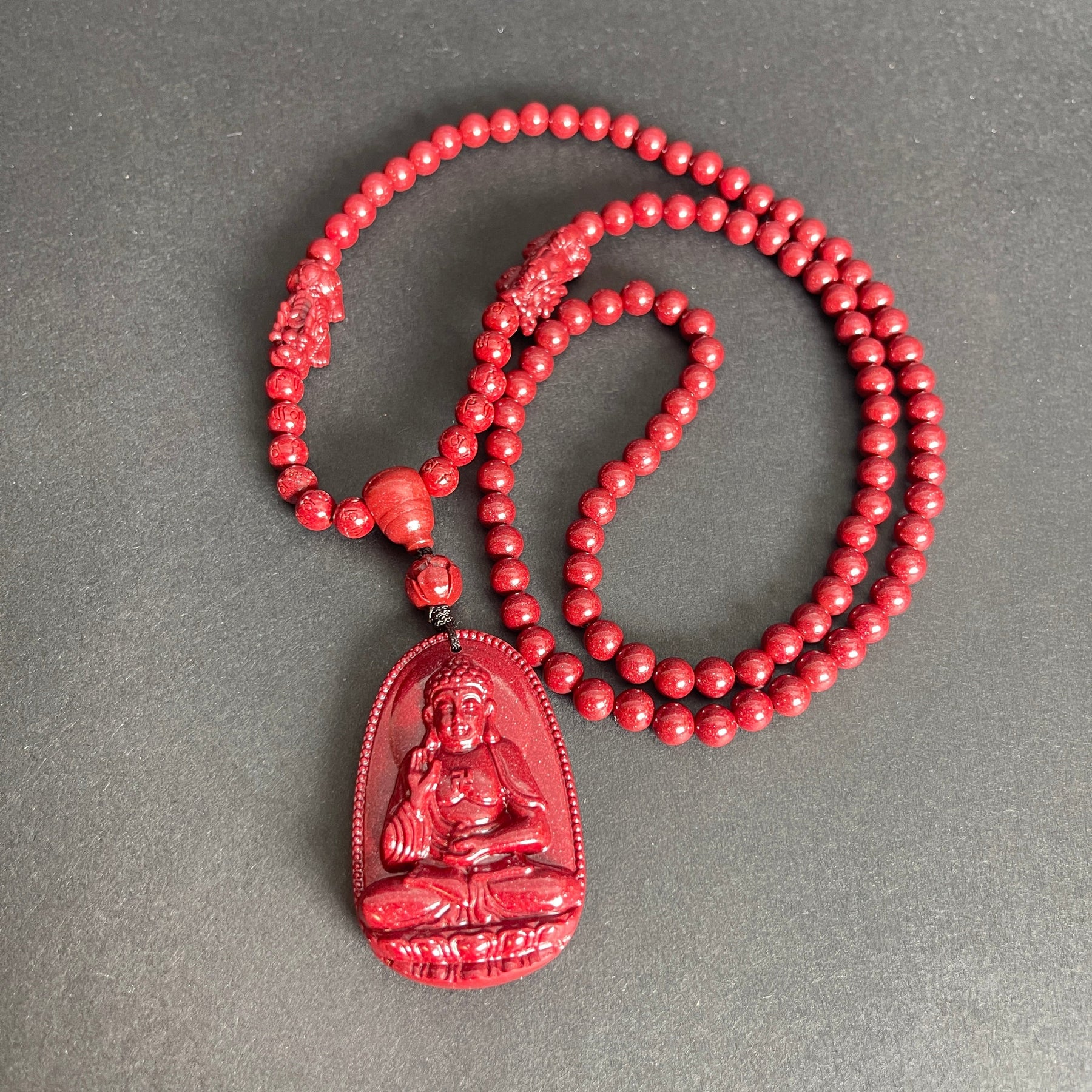 108 Cinnabar Mala Rosary Necklace with Guardian Buddha