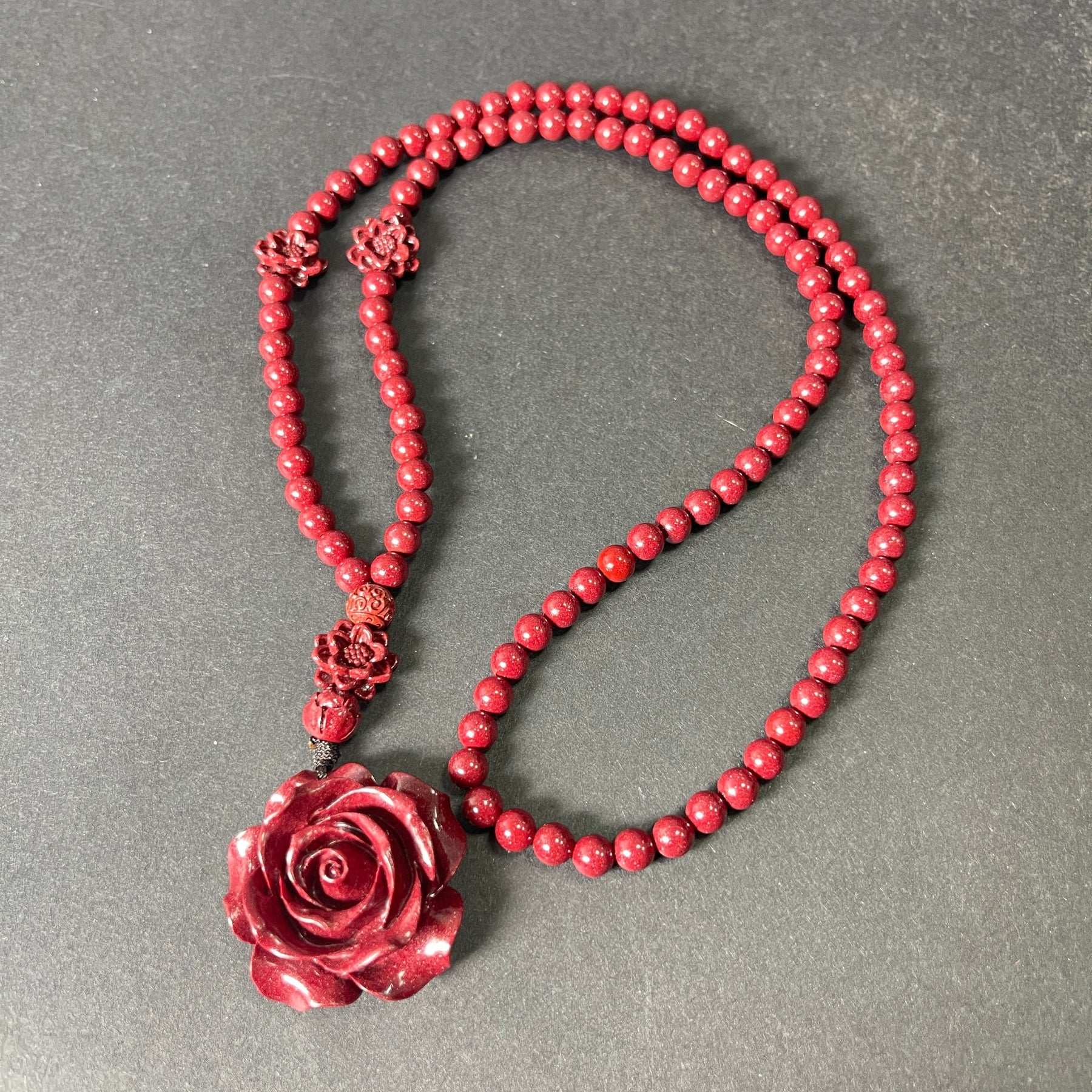108 Cinnabar Mala Rosary Necklace with Rose Pendant