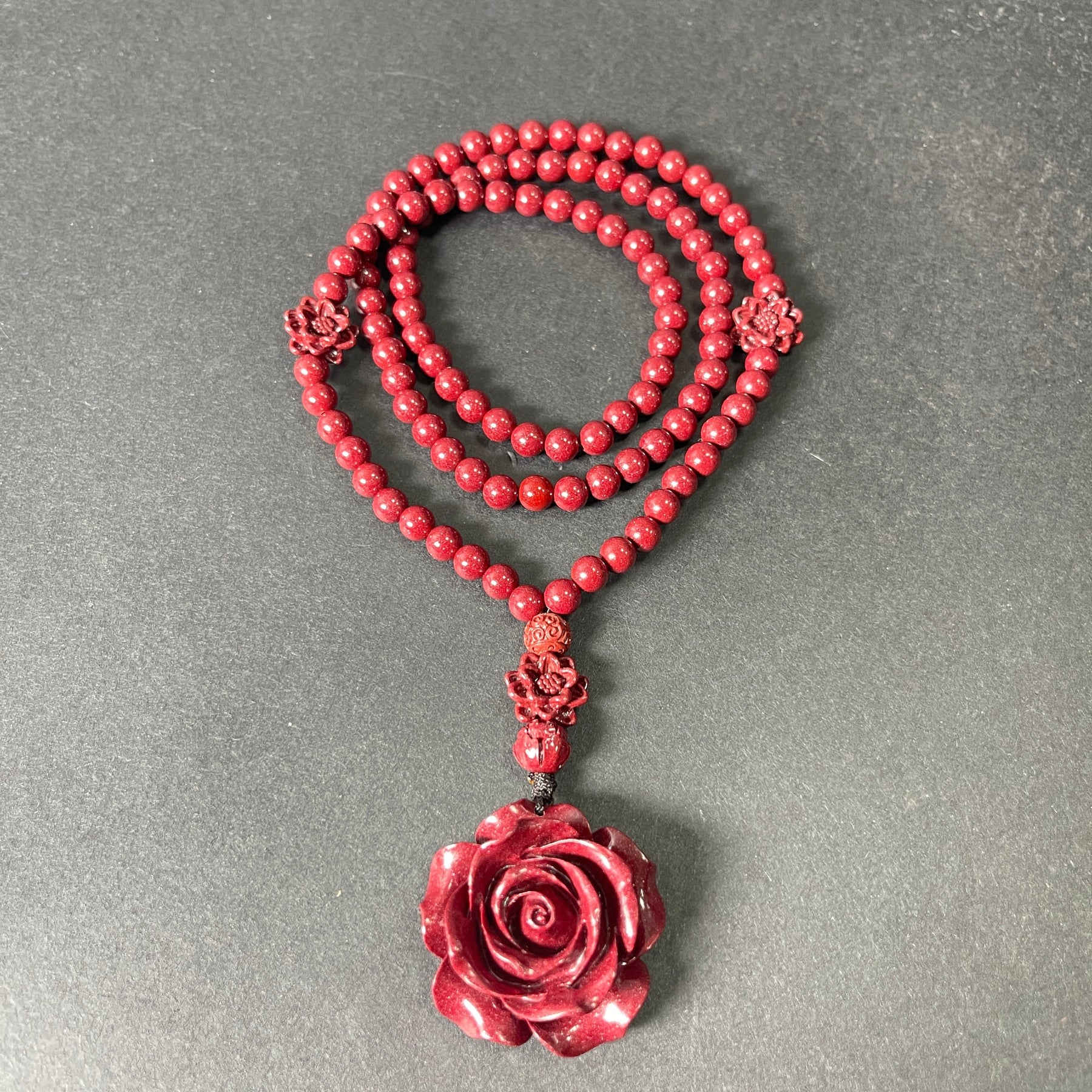 108 Cinnabar Mala Rosary Necklace with Rose Pendant