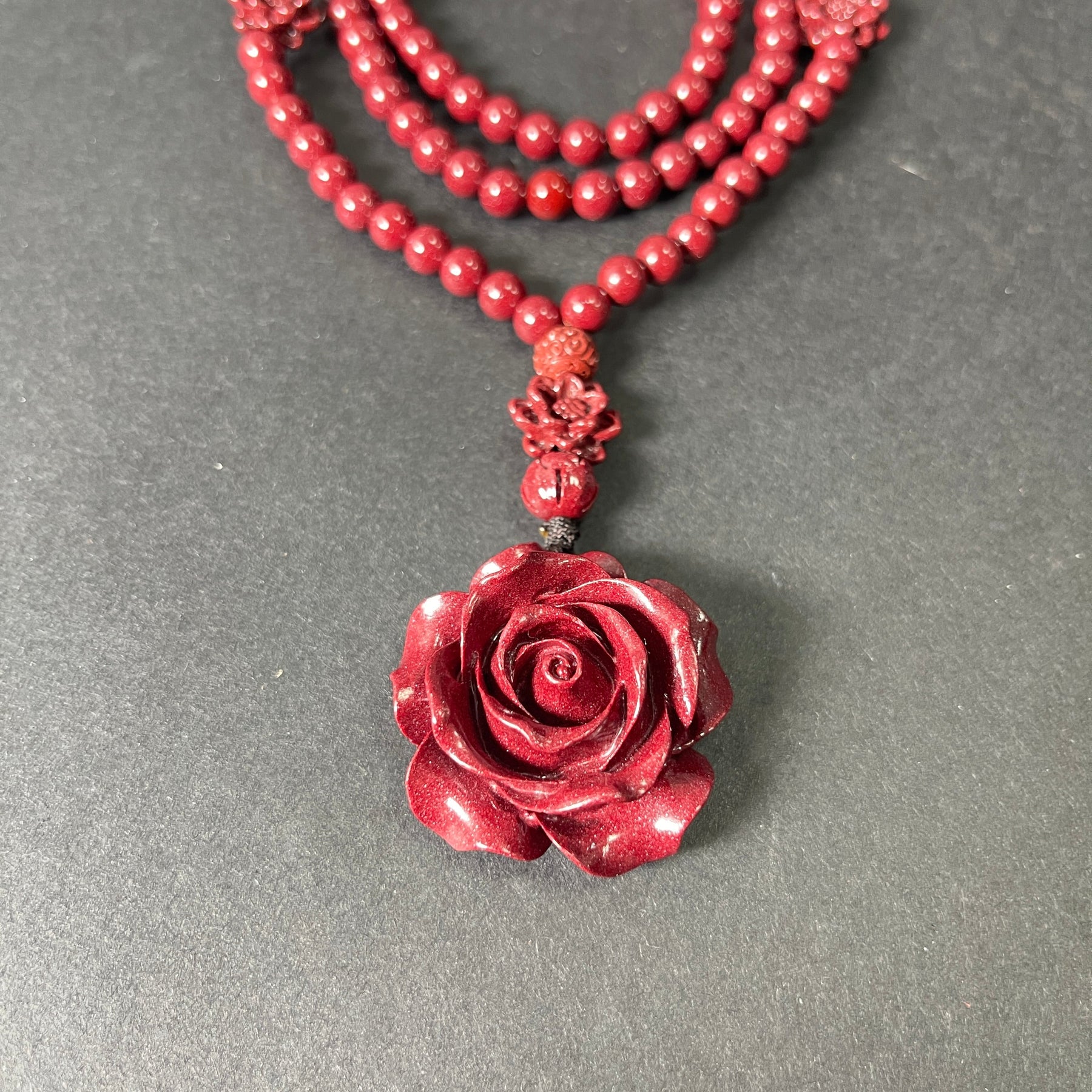 108 Cinnabar Mala Rosary Necklace with Rose Pendant