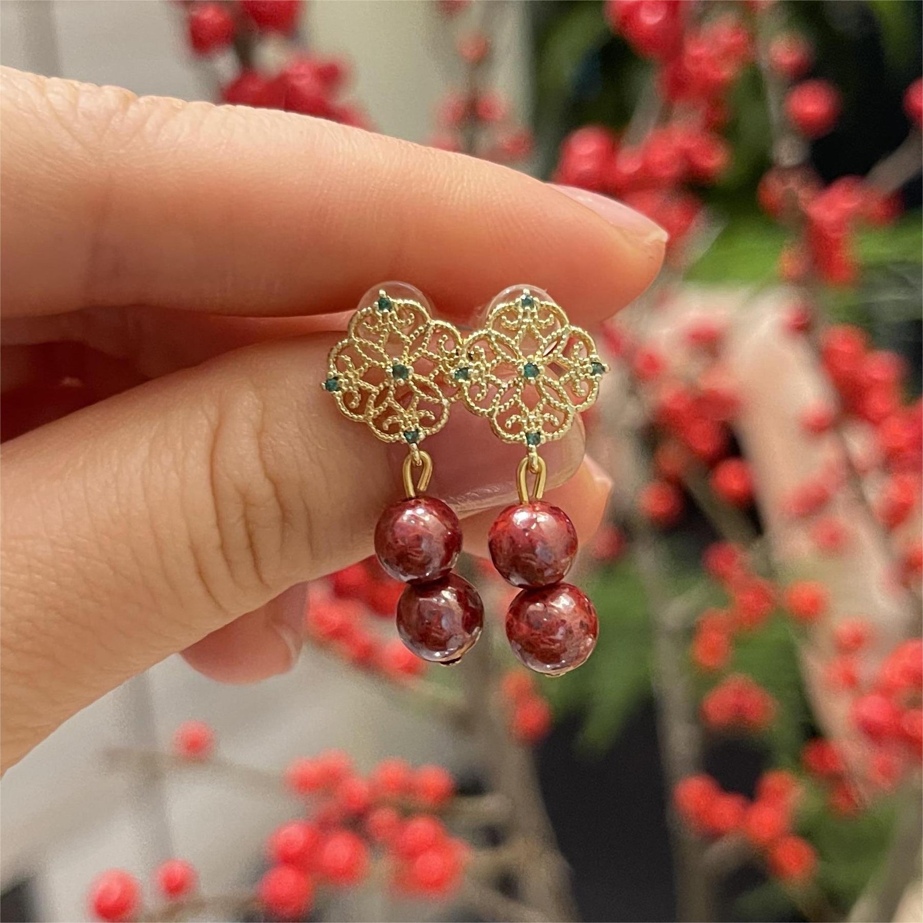 14k Gold & Deep Red Raw Cinnabar Bead Earrings