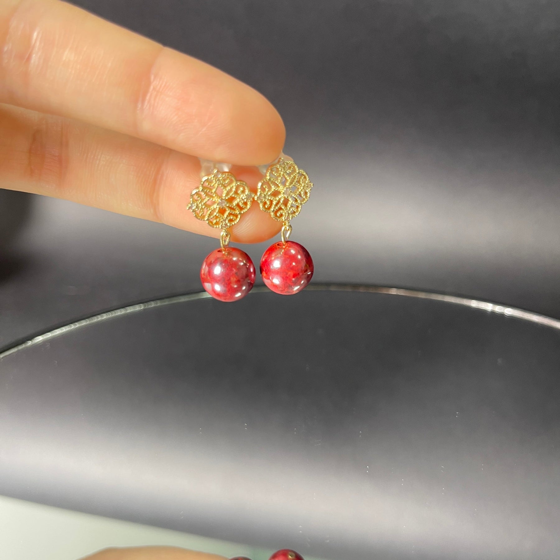 14k Gold & Deep Red Raw Cinnabar Bead Earrings