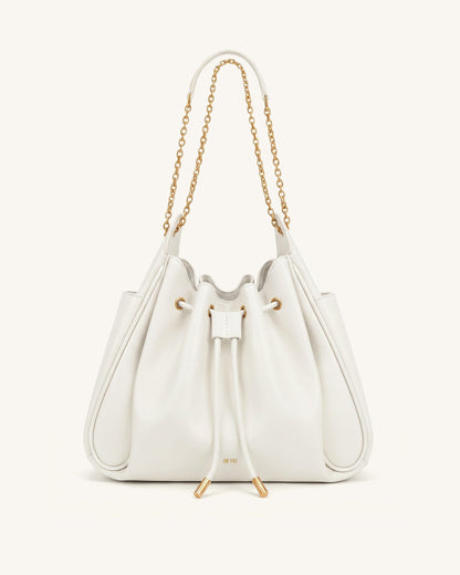 Rowan Ruched Drawstring Chain Bucket Bag - Ivory