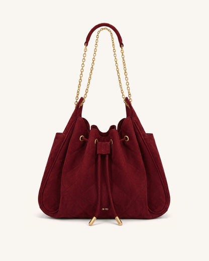 Rowan Faux Suede Quilted Chain Bucket Bag - Dark Red