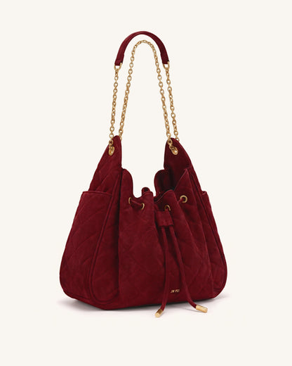 Rowan Faux Suede Quilted Chain Bucket Bag - Dark Red