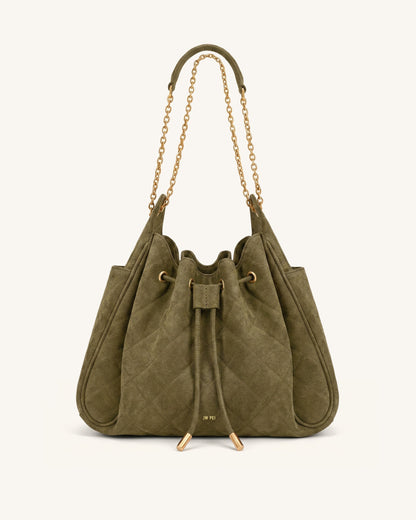 Rowan Faux Suede Quilted Chain Bucket Bag - Olive Green