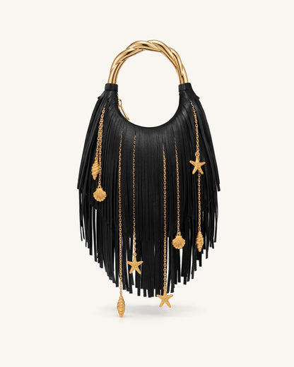Chloe Metal Handle Fringe Top Handbag - Black