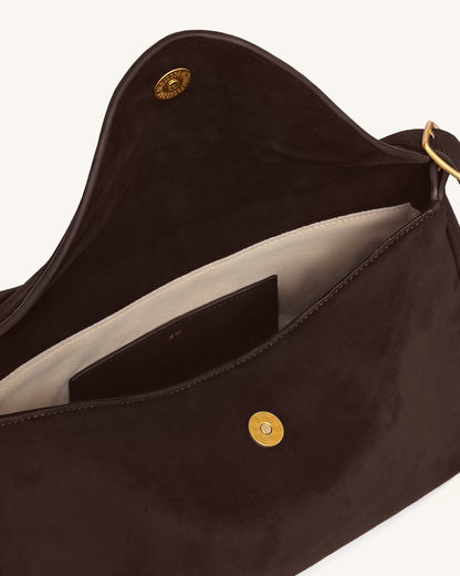 Elowen Faux Suede Flap Shoulder Bag - Dark Brown