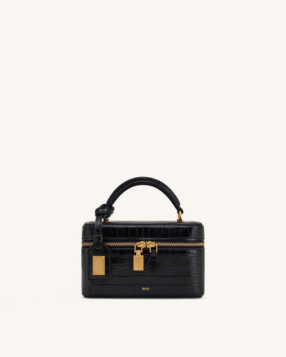 Cleo Box Shape Top Handle Bag - Black Croc