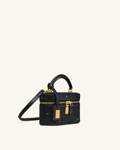 Cleo Artificial Crystal Box Shape Top Handle Bag - Black