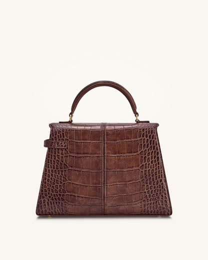 Elise Large Croc-Embossed Top Handle Bag - Chestnut Brown