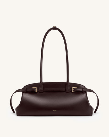 Arden Belt Detail East-West Shoulder Bag - Dark Brown