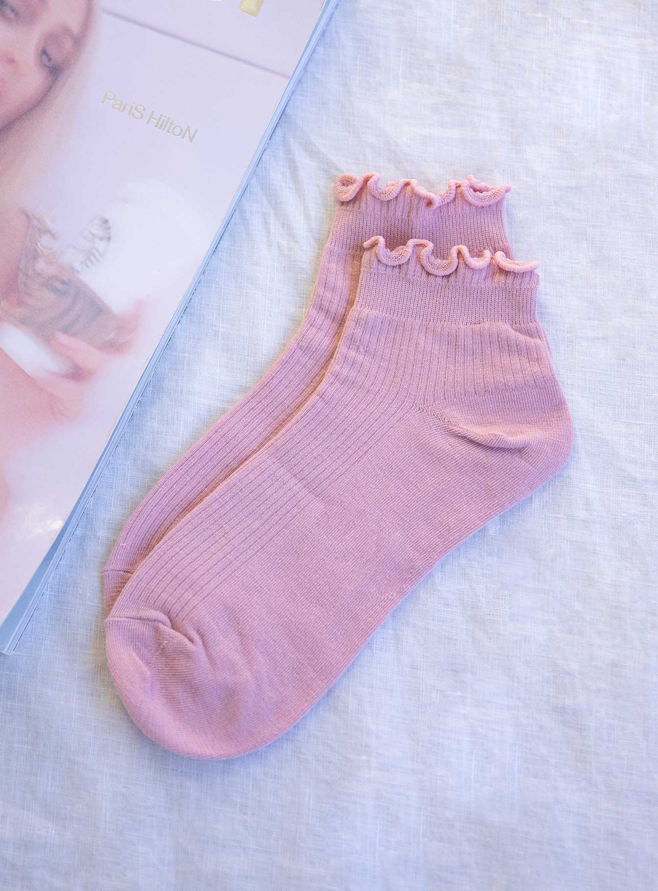 Ribbed Ruffle Socks Baby Pink women's socks by Ellevoria