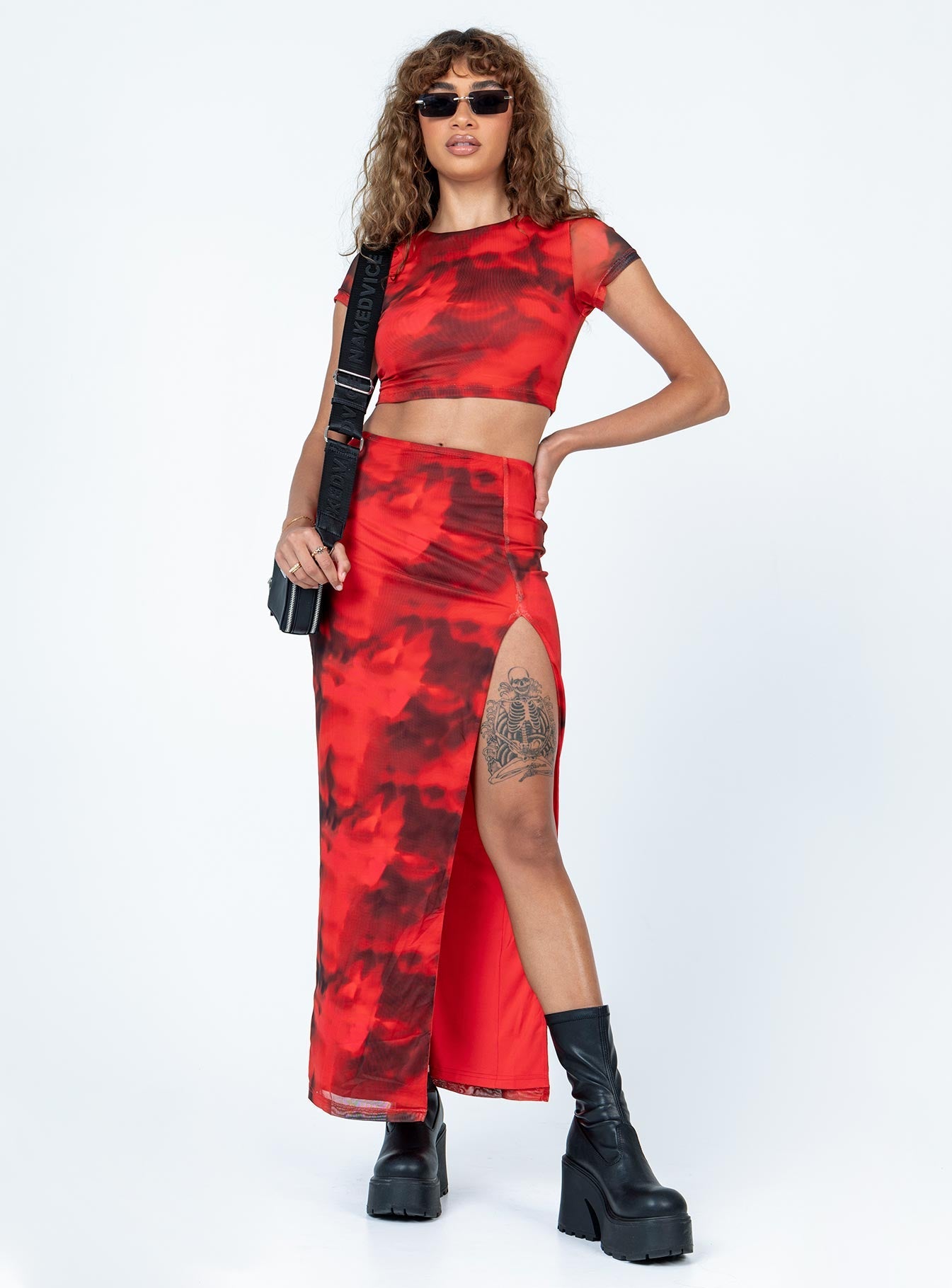 Rosie Mesh Set Red Multi women's skirt set by Ellevoria