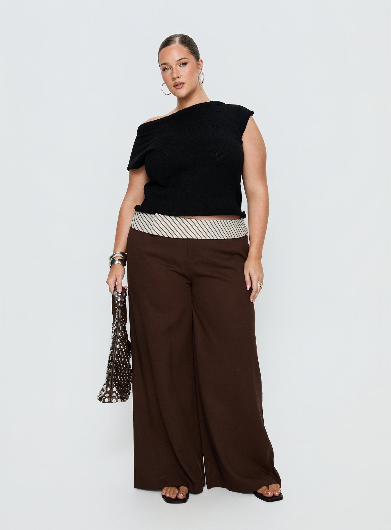 Past Life Fold Over Waistband Pant Brown / Stripe Curve - loose fit women's bottoms by Ellevoria