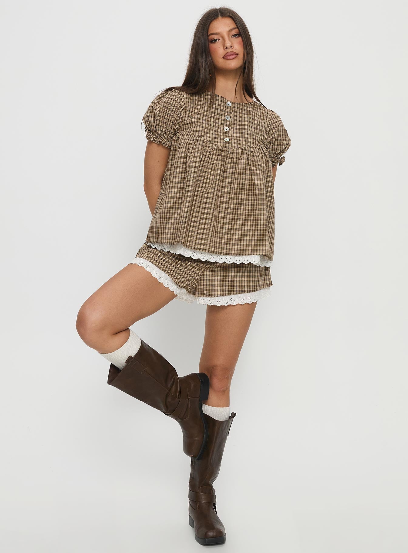 Chandelier Mini Lace Trim Shorts Brown Check women's two piece set by Ellevoria