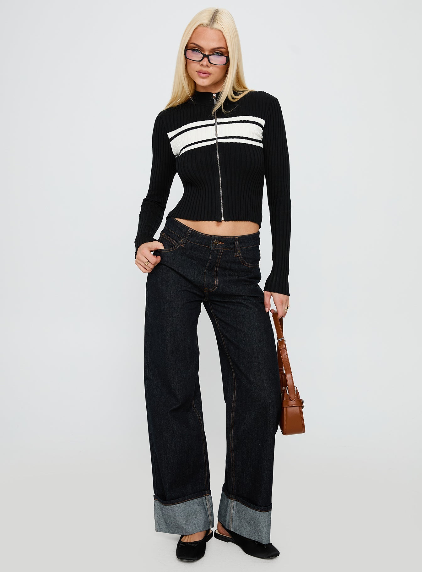 Decisive Zip Through Knit Sweater Black / White women's sweater by Ellevoria
