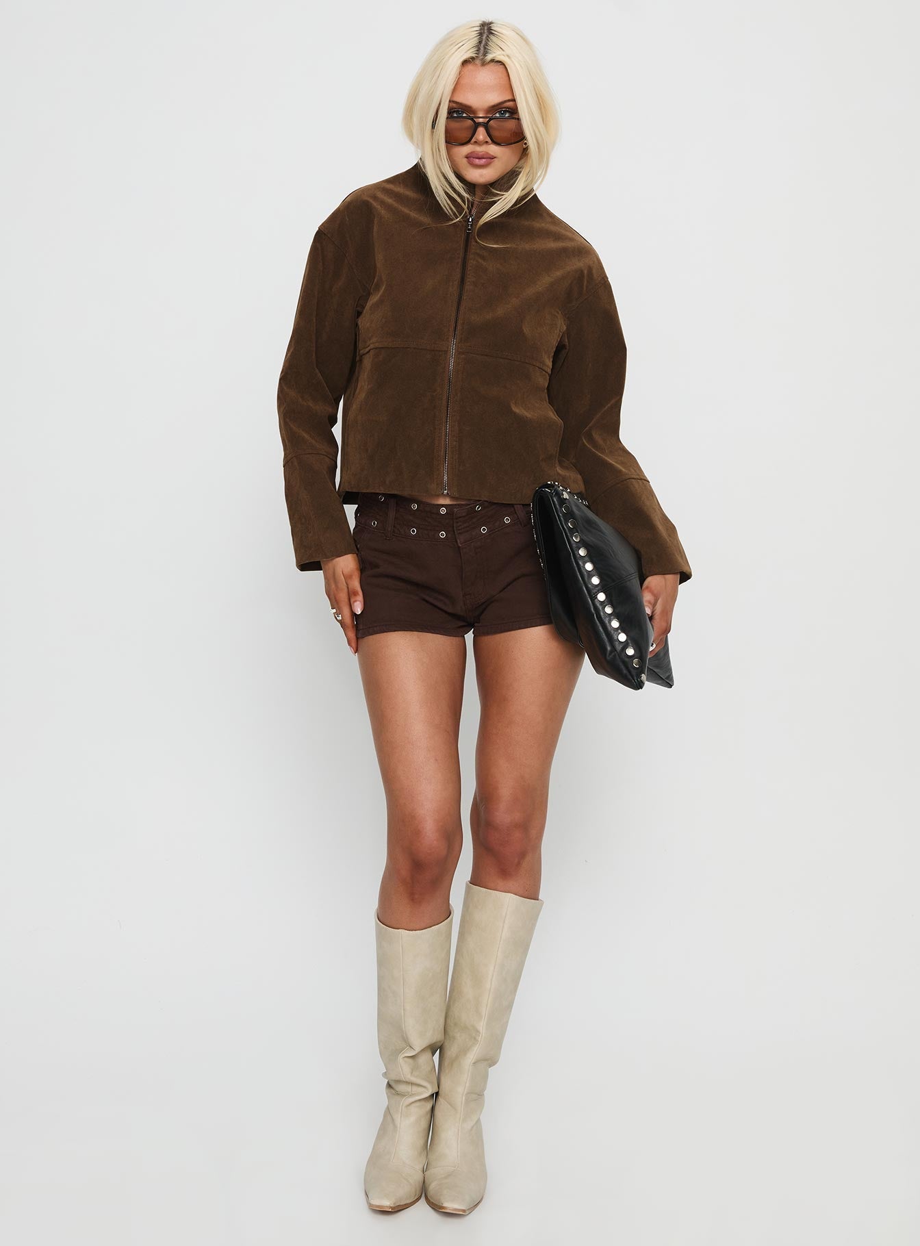 Jessalynn Faux Suede Zip Through Jacket Brown women's jacket by Ellevoria